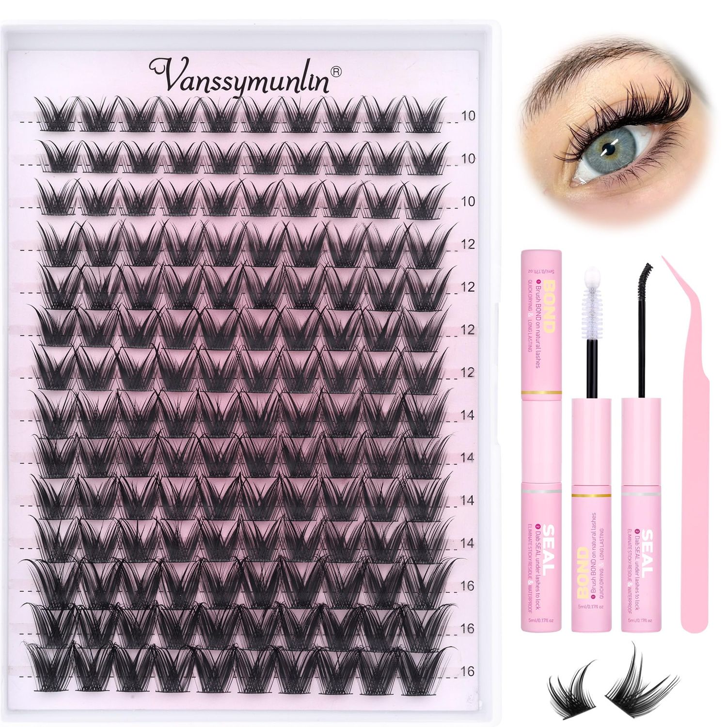 Lash Clusters Kit Wispy Lash Extension Kit 10-16mm Spiky Cluster Eyelash Extensions kit 140pcs Individual Lashes Clusters CD Curl False Eyelashes with Lash Bond and Seal, Lash Tweezers by Vanssymunlin
