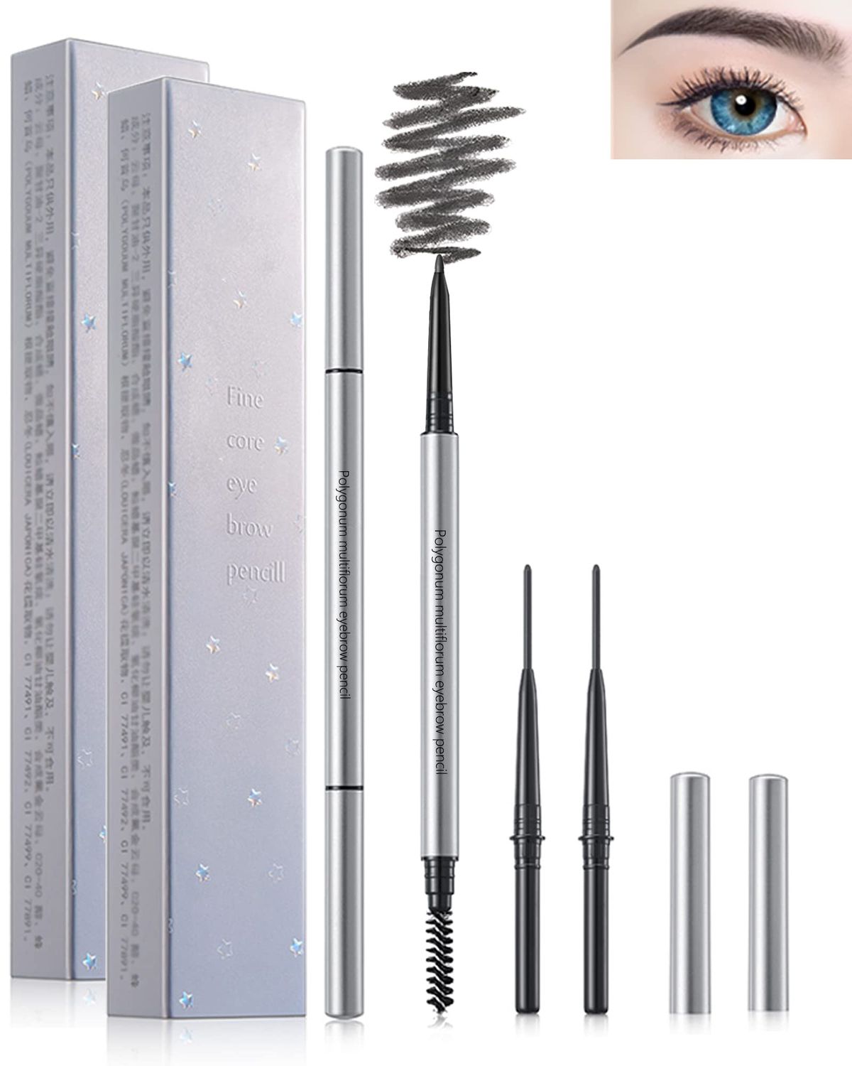 Eyebrow Pencil with Spoolie Brush- 4Pcs Professional Micro 1.5mm Tip Brow Pencil with Dual Ends Kit, Longwearing Waterproof Sweat-proof Eye Brow Pencil, Black Eyebrow Makeup Pencils for Women-01Black