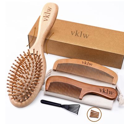 vklw Wooden Hair Brush and Comb, One-piece Design, Reduce Frizz and Static, Massage Scalp, Detangling Paddle Hairbrush for Women, Girls, Kids, Includes Cleaning Claw, 5 Wood Bristles