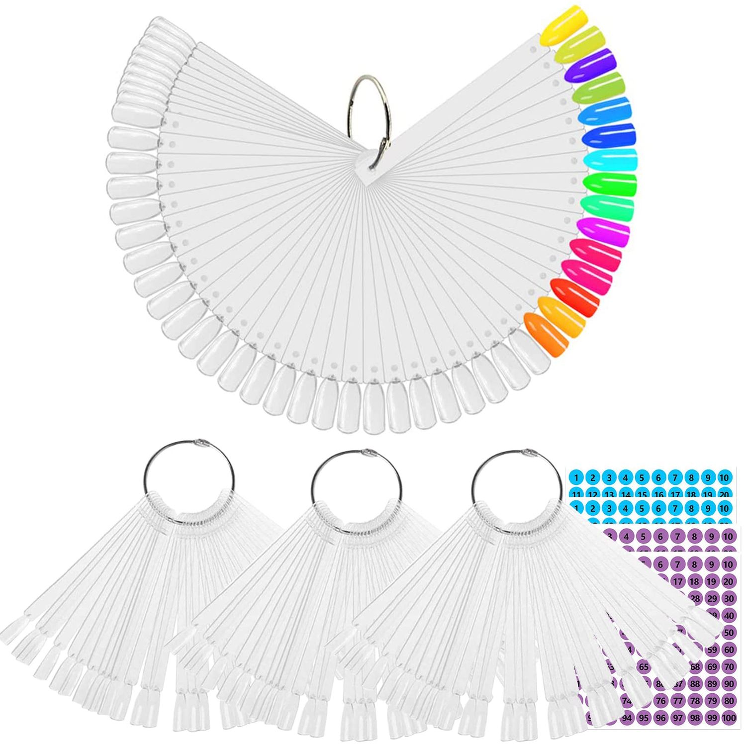 BQAN 200 Pcs Nail Swatch Sticks with Ring, Nails Art Display Nail Swatch Sticks | Nail Practice Sticks for Home or Salon Use, 4 Pack Number Stickers