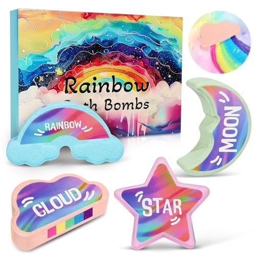 Rainbow Bath Bombs for Kids - 4 Pcs Handmade Natural Kids Bath Bombs Bubble Bath, Stocking Stuffers for Kids, Christmas Gifts for Kids Women