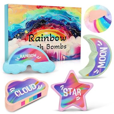 Rainbow Bath Bombs for Kids - 4 Pcs Handmade Natural Kids Bath Bombs Bubble Bath, Stocking Stuffers for Kids, Christmas Gifts for Kids Women