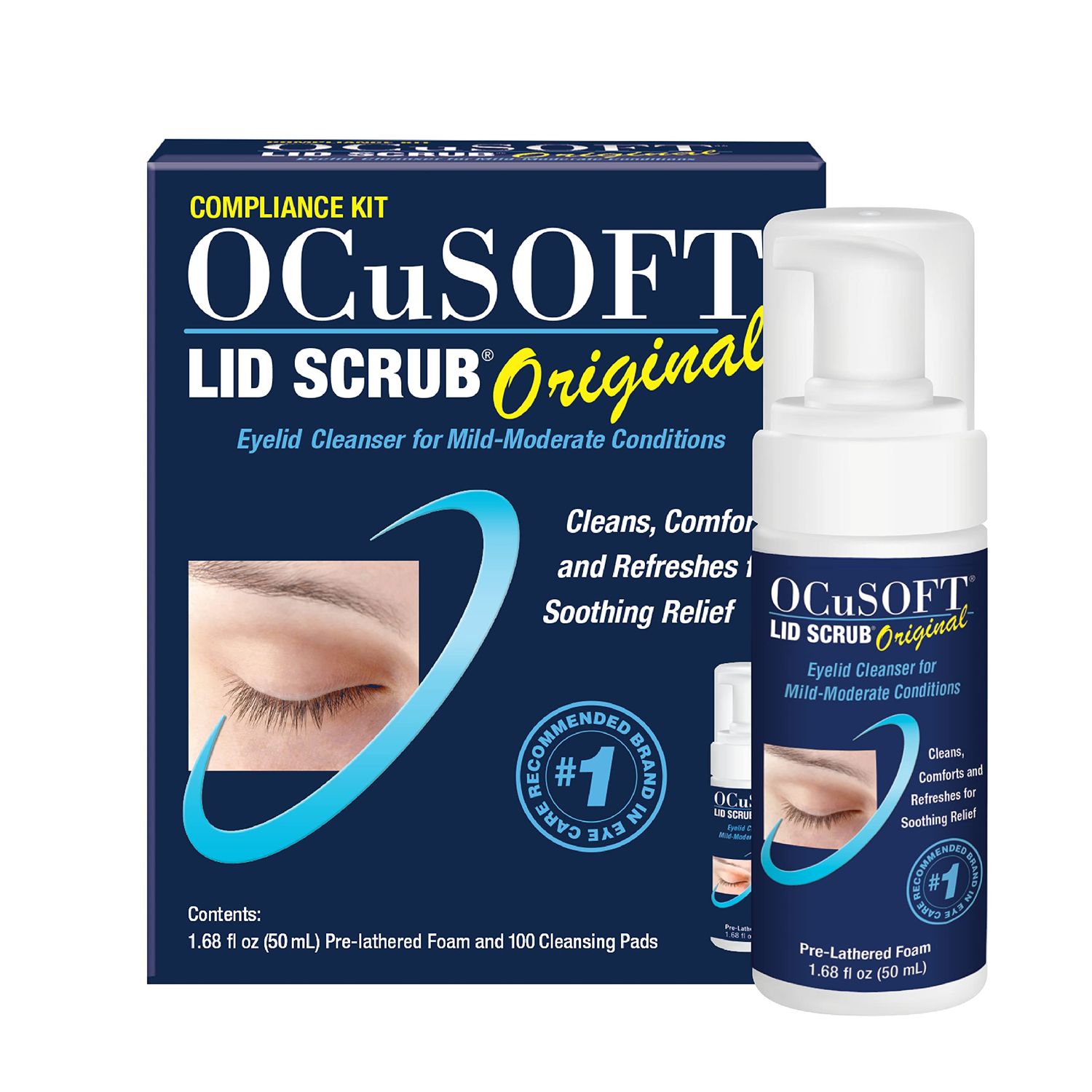 OCuSOFT Lid Scrub Original Compliance Kit - Instant Foaming Eyelid Scrub &amp; Lint-Free Wipes - Daily Eyelid Kit to Remove Oil, Dust, Pollen &amp; Eye Makeup - 1.68 fl oz &amp; 100 Dry Pads