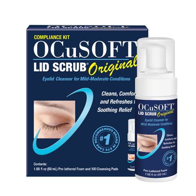 OCuSOFT Lid Scrub Original Compliance Kit - Instant Foaming Eyelid Scrub &amp; Lint-Free Wipes - Daily Eyelid Kit to Remove Oil, Dust, Pollen &amp; Eye Makeup - 1.68 fl oz &amp; 100 Dry Pads