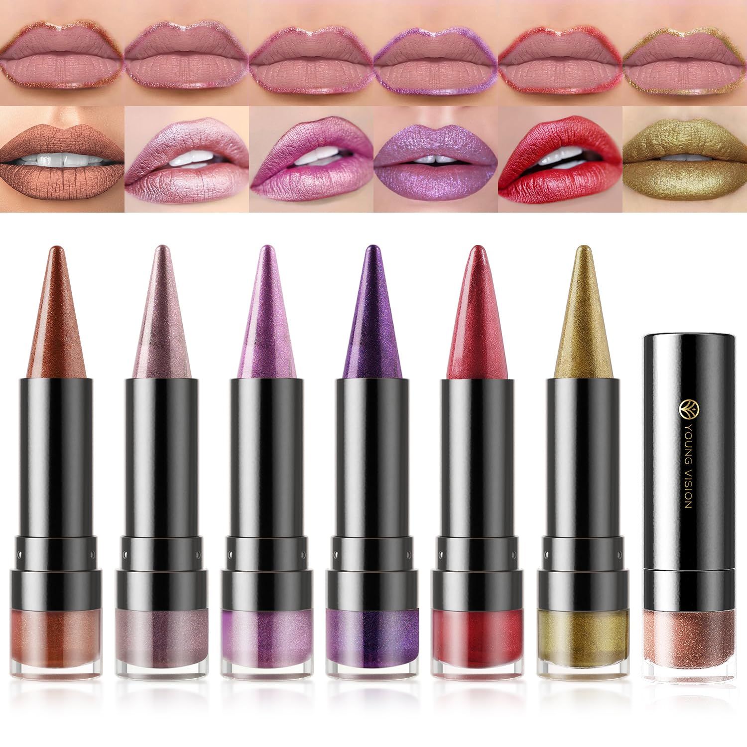 YOUNG VISION Shimmering Metallic Lipstick Set - 6-Piece Copper and Shimmer Lip Liner Color Collection, Long-lasting Bold Shine, Smooth Texture for Sculpted Lips