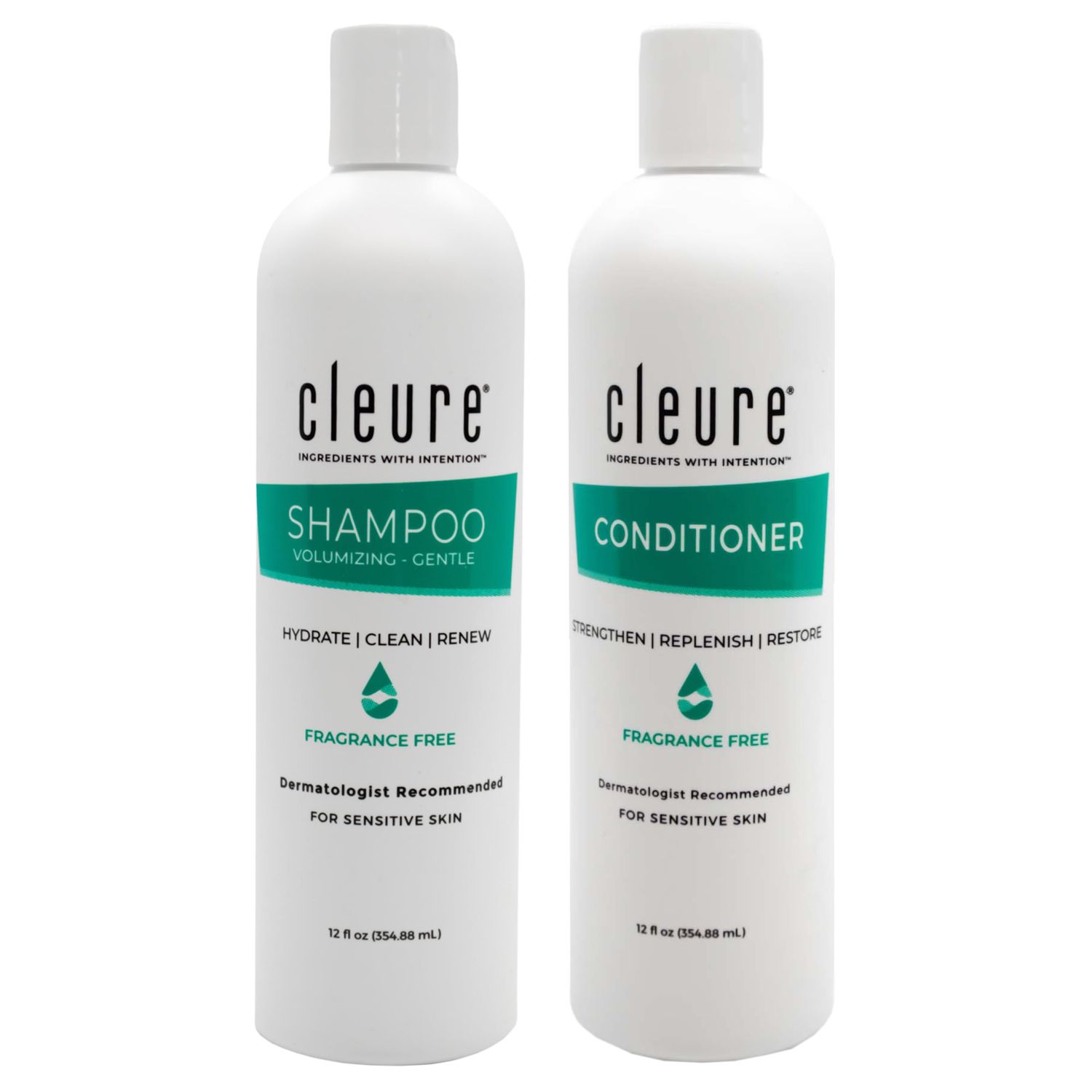 Cleure Shampoo and Conditioner Set Sulfate Free, Fragrance Free for Sensitive Skin - Volumizing Shampoo &amp; Hydrating Conditioner (12 Oz each, Pack of 2)