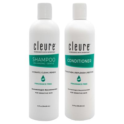 Cleure Shampoo and Conditioner Set Sulfate Free, Fragrance Free for Sensitive Skin - Volumizing Shampoo &amp; Hydrating Conditioner (12 Oz each, Pack of 2)
