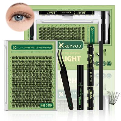Natural Lash Clusters Kit 144Pcs DIY Lash Extension Kit Wispy Eyelash Extensions Kit D Curl 8-18MIX with Bond and Seal and tweezers with Thin Lash Band by KEYYOUKIT-N02-D-8-18MIX