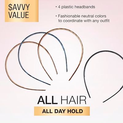 Scunci by Conair Effortless Beauty Skinny headband -plastic Headbands for Women and Men - hair accessories for women - Neutral Colors - 4 Count