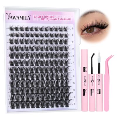 Yawamica Lash Extension Kit Wispy Lash Clusters Kit C Curl Eyelash Clusters 10-18mm Cluster Eyelash Extensions Kit Soft Individual Lashes DIY Lash Kit with Lash Cluster Glue Lash Tweezers by Self