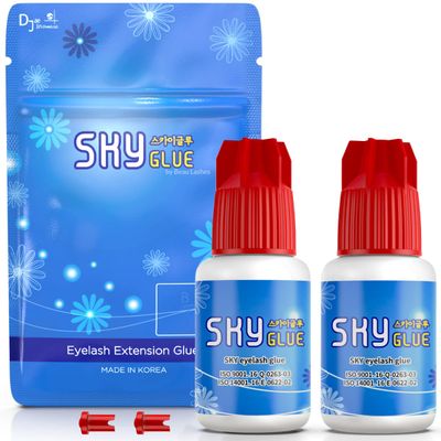 2 Bottles Sky Glue for Eyelash Extensions S | Super Strong Black Lash Extension Adhesive for Professional Long Lasting Semi Permanent Individual Lash Extensions | Fast Drying  7 Week Retention 5ml