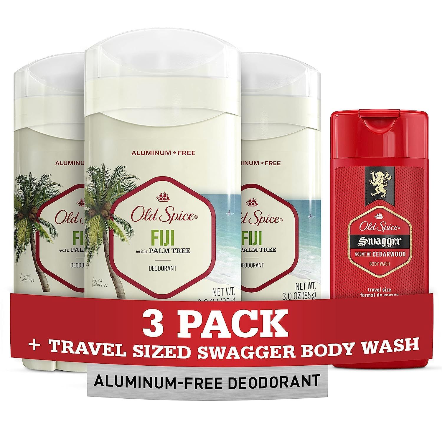 Old Spice Men&#39;s Deodorant Aluminum-Free Fiji with Palm Tree, 3oz (Pack of 3) with Travel-Size Swagger Body Wash