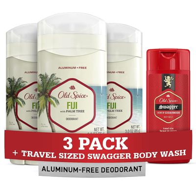 Old Spice Men&#39;s Deodorant Aluminum-Free Fiji with Palm Tree, 3oz (Pack of 3) with Travel-Size Swagger Body Wash