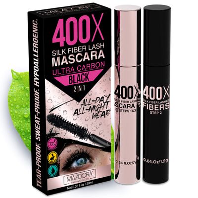 400X Pure Silk Fiber Lash Mascara Ultra Black Volume and Length, Longer &amp; Thicker Eyelashes. Waterproof, Long Lasting, Instant &amp; Very Easy to Apply, Smudge-proof, Hypoallergenic
