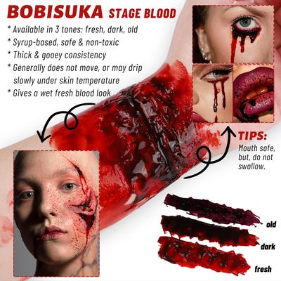 BOBISUKA Halloween Fake Blood, Edible Stage Blood 0.53oz, Realistic Vampire Blood SFX Makeup Kit, Washable Faux Blood Gel for Zombie Monster Special Effects Make Up, Costume Cosplay, Stage&Film(Dark)