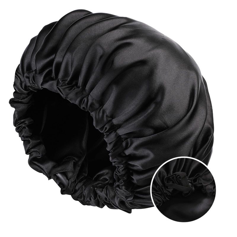 VECIIR Satin Bonnet Silk Bonnet for Sleeping Women and Men, Ajustable Hair Bonnet for Curly Hair with Double Layer Hair Bonnet,Black - Black,Medium