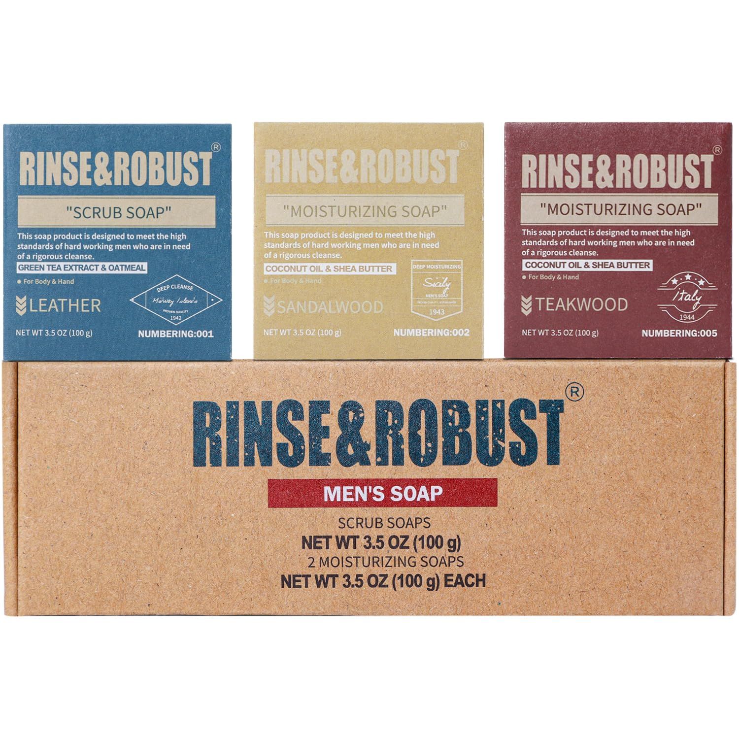Rinse &amp; Robust Mens Bar Soap Bath Bar Soap 3Pack Handmade Natural Soap Bar Set Cleansing Bar Moisturizing&amp;Exfoliating Scrub Soap Gift Set for Men | Leather, Sandalwood, Teakwood | 3.5 oz of 3 Bars