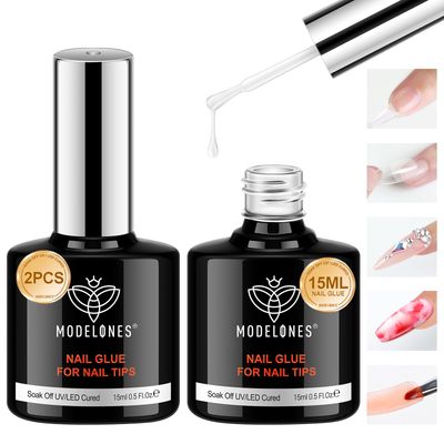 Modelones 9 in One Nail Glue Base Coat Nail Polish Set Brush On Gel Nail Glue 15 ml for Rhinestone, False Nails, Base Gel, Blooming Nail Art Gel Nail Kit for Acrylic Nails U V Lamp Needed