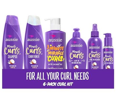 Aussie Miracle Curls Set Shampoo, Conditioner, Deep Hydration, Spray Gel, Detangling Milk, and Oil Hair Treatment, Curl Oil, Coconut &amp; Jojoba, Frizz Control, 6 Pieces