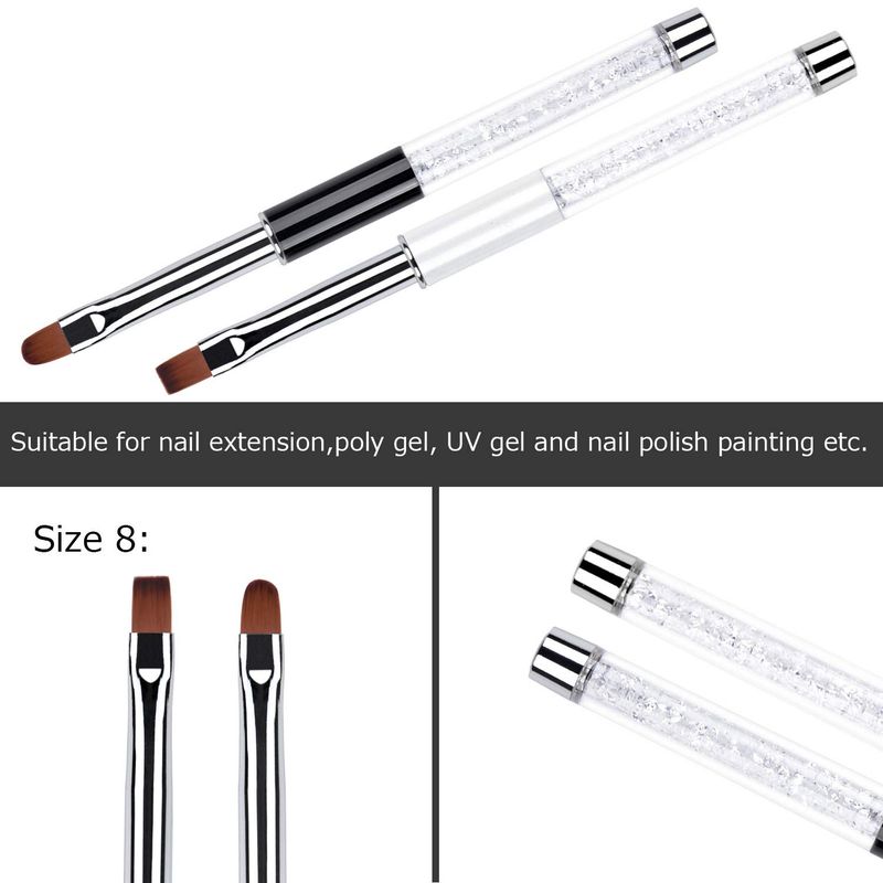Ycyan 2Pcs Oval &amp; Flat UV Gel Nail Brush Set Rhinestone Handle Professional Nail Art Design Brushes