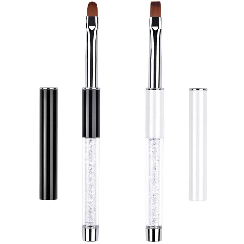 Ycyan 2Pcs Oval &amp; Flat UV Gel Nail Brush Set Rhinestone Handle Professional Nail Art Design Brushes
