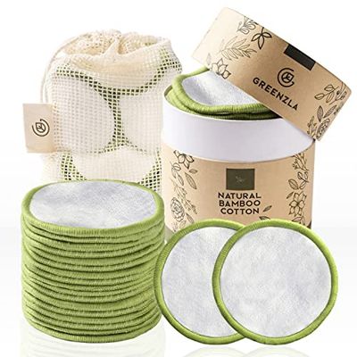 Greenzla Reusable Makeup Remover Pads (20 Pack) Washable Laundry Bag &amp; Round Box for Storage, Reusable Bamboo Cotton Rounds for All Skin Types - Reusable Cotton Rounds for Face - Reusable Cotton Pads