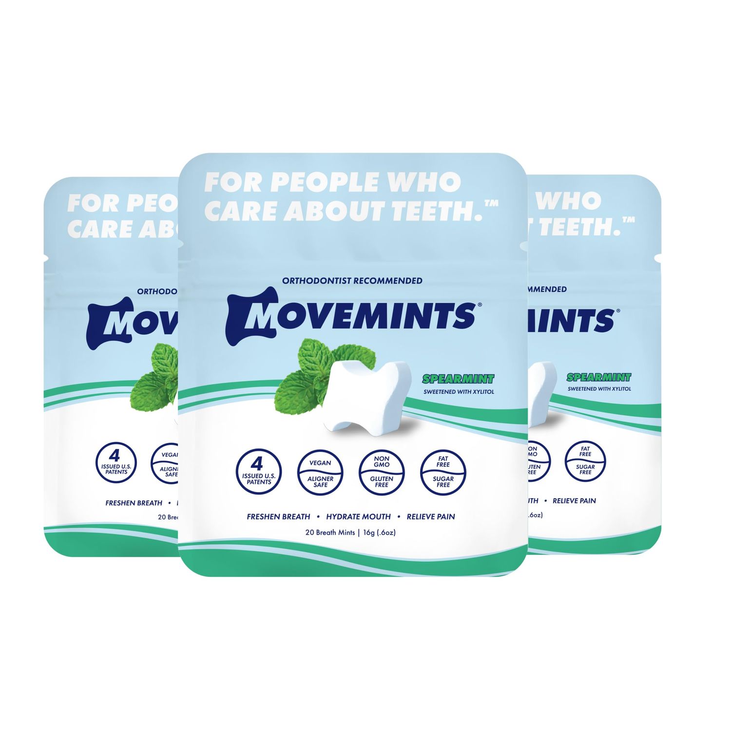 Movemints Clear Aligner Mints - Patented Aligner Seating Mints - Edible Alternative to Aligner Chewies - Xylitol Mints for Dry Mouth - Spearmint (3 Pack)