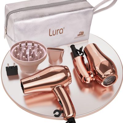 LURA Mini Portable Travel Hair DryerDual Voltage Small Lightweight Blow Dryer with EU Plug,1200W Compact Hairdryer with Folding Handle,with Concentrator&amp;Diffuser Attachment,for Women and Men