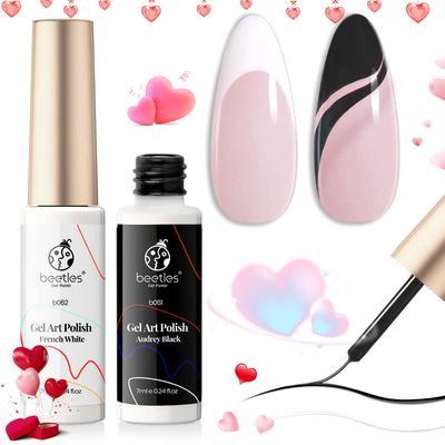 beetles Gel Polish Nail Art Liner Gel Polish Set- 2 Popular Black White Colors Nail Art Polish Gel Art Paint for Swirl Nails Built Thin Nail Art Brush in Gel Pens UV Soak off Gifts for Women