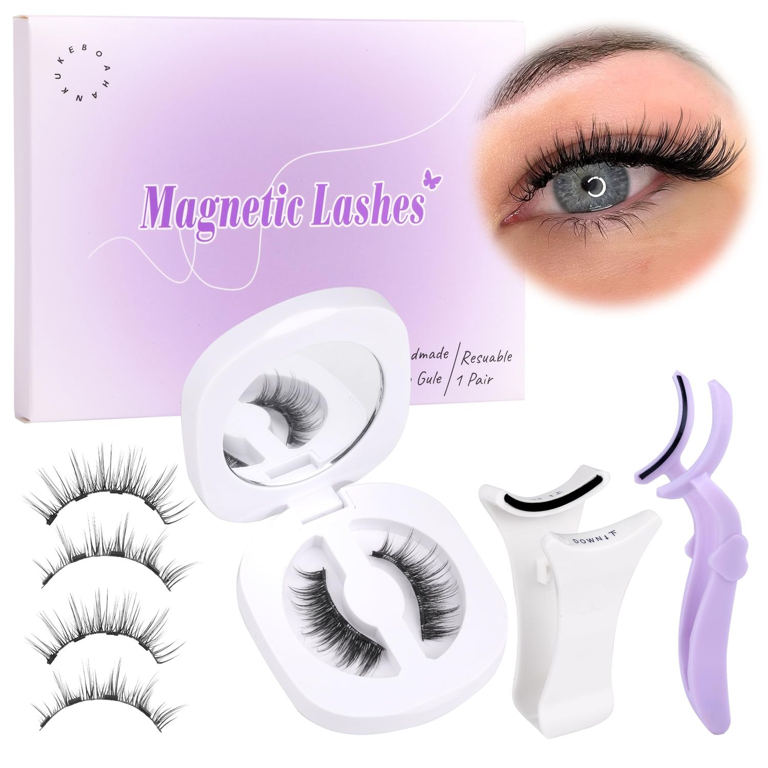 Boahankuke Magnetic Eyelashes with 2 Applicators Natural Magnetic Lashes with Clamp Reusable Half Eye False Eyelashes No Glue Needed, No Eyeliner Needed