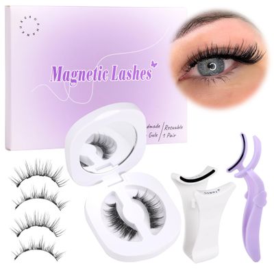 Boahankuke Magnetic Eyelashes with 2 Applicators Natural Magnetic Lashes with Clamp Reusable Half Eye False Eyelashes No Glue Needed, No Eyeliner Needed