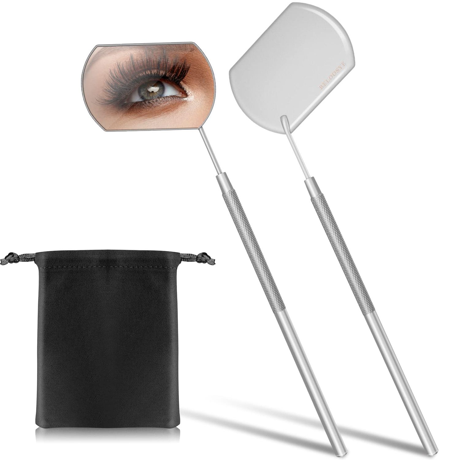 2 PCS Large Lash Mirror for Eyelash Extension Supplies1 PCS Storage Bag,Stainless Steel Light-weight Detachable Eyelash Mirror for Extensions,Makeup Inspection Mirror for Lash Tech Supplies(Silver)