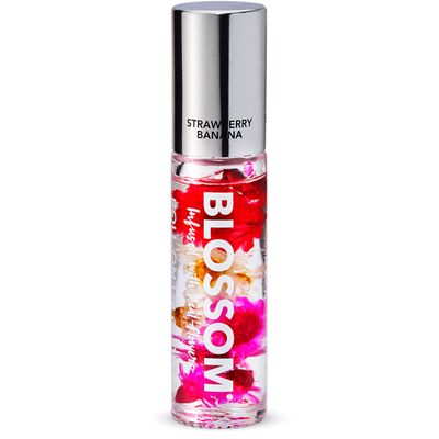 Blossom Roll on Lip Gloss, Scented Clear High Shine Moisturizing Lip Oil, Non Sticky, Infused with Real Flowers, Made in USA, 0.2oz, StrawberryBanana