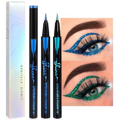 evpct 2Pcs Metallic Royal Blue &amp; Green Glitter Glittering Diamond Liquid Eyeliner Eye Makeup Pencil Set, Sparkle Shimmer Colored Eyeliner Pen Waterproof Smudge Proof Long Lasting High Pigmented