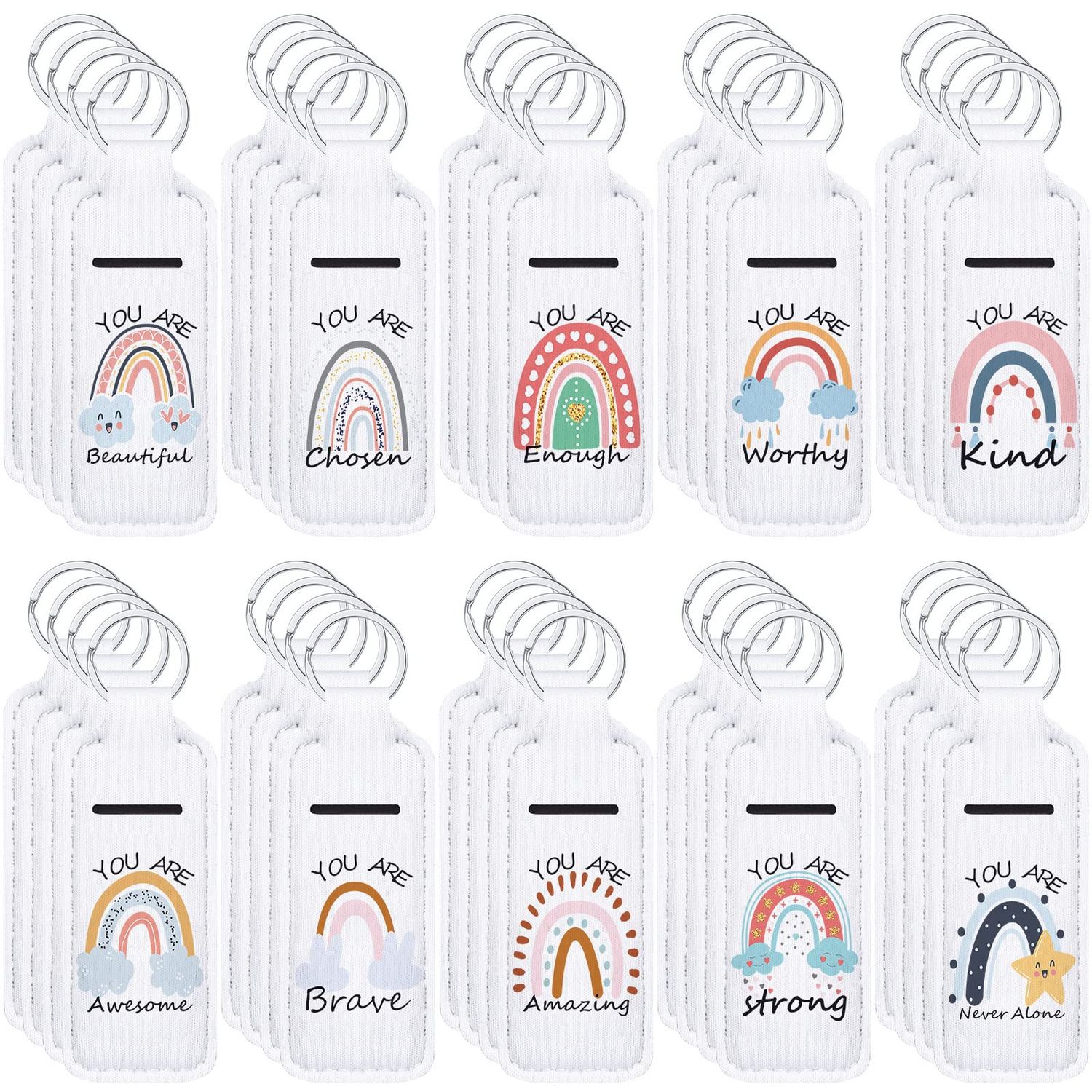 Ctosree 40 Pcs Bohemian Rainbow Lipstick Holder with Inspirational Words Portable Clip on Lip Gloss Sleeve Pouch Keychain Boho Pocket Lip Balm Holder for Graduation Gifts, 10 Pattern (White Rainbow)