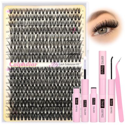 calphdiar Lash Clusters Kit 320PCS Eyelash Extension Kit 40D50D Individual Lashes 9-18mm Wispy Lash Extension Kit Natural Cluster Eyelash Extensions with Lash Bond and Seal Tweezers for DIY at Home