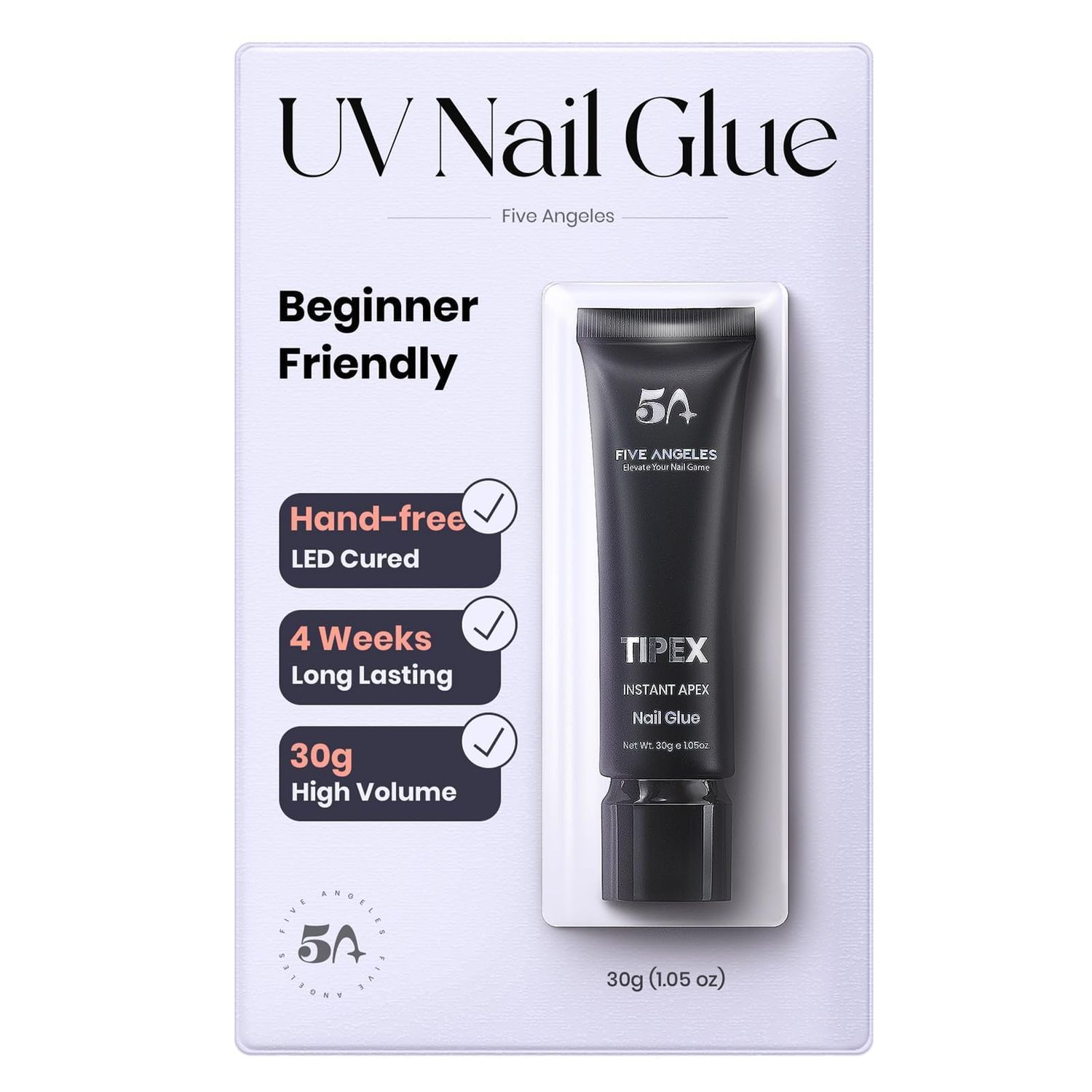 Five Angeles Tipex UV Gel Nail Glue,30g Solid Adhesive for Soft Acrylic Gel Nail Tips,Long Lasting Strong Bonding Gel Nail Glue for 28 Days,Large Volume Tube Nail Glue,Rhinestone Glue for Nail Art