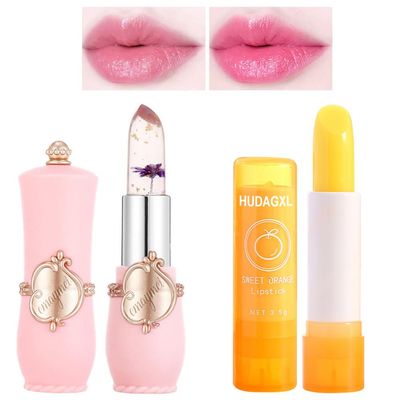 Crystal Flower Jelly Lip Balm, Aloe Vera Color Changing Lipsticks,Lasting Nutritious Natural Moisturizing gentle colorless Lipstick Lip Gloss 2pcs (Purpler Flowers)