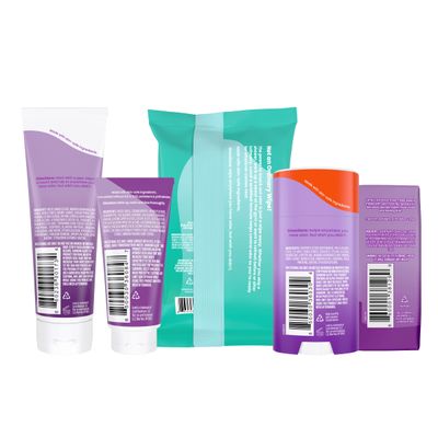 Lume Skin Care Gift Set for Women, Whole Body Deodorant Starter Pack - Smooth Solid Stick, Invisible Cream Tube, Acidified Body Wash Mini &amp; Deodorant Wipes - Aluminum Free Odor Control (Lavender Sage)