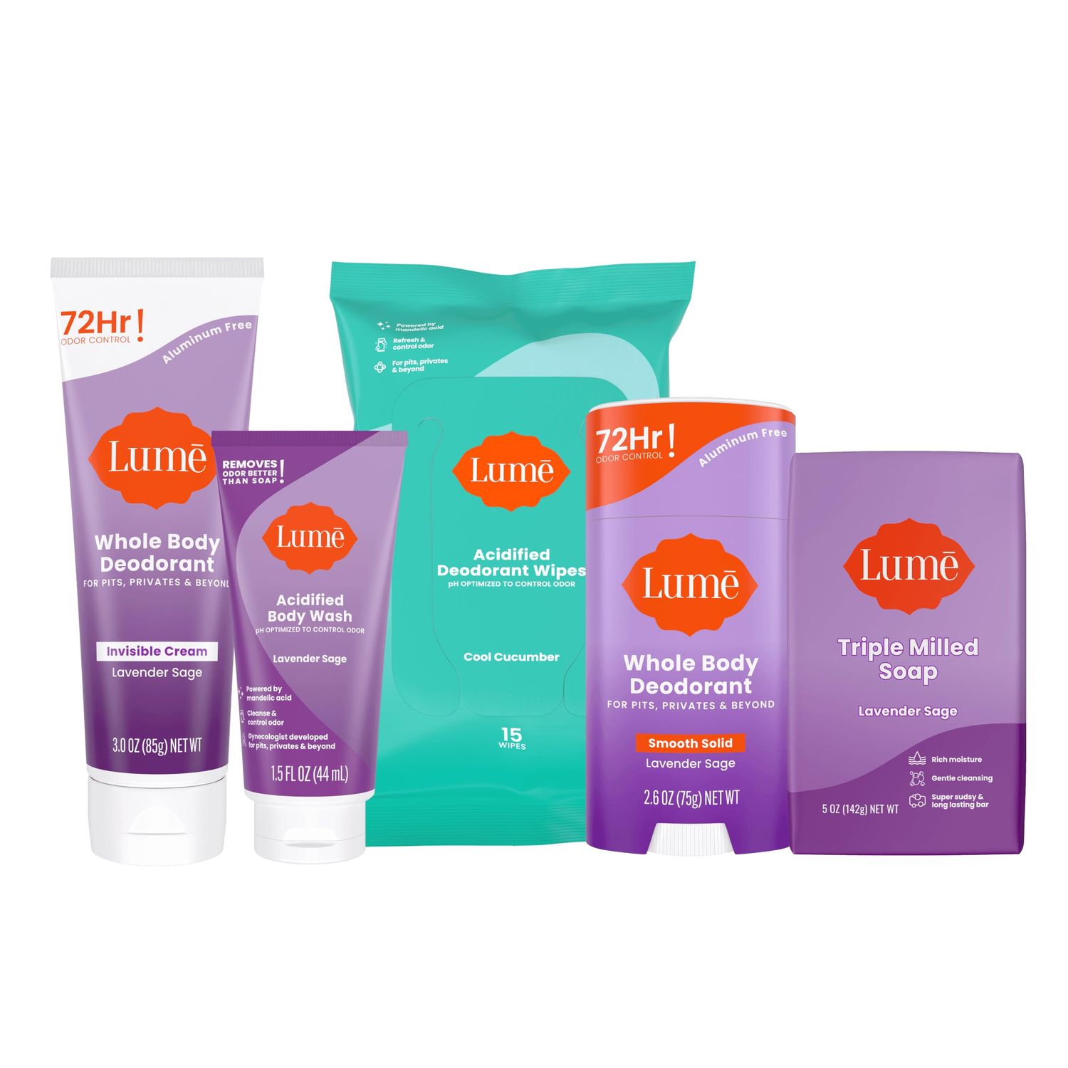 Lume Skin Care Gift Set for Women, Whole Body Deodorant Starter Pack - Smooth Solid Stick, Invisible Cream Tube, Acidified Body Wash Mini &amp; Deodorant Wipes - Aluminum Free Odor Control (Lavender Sage)