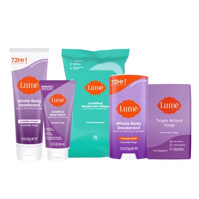 Lume Skin Care Gift Set for Women, Whole Body Deodorant Starter Pack - Smooth Solid Stick, Invisible Cream Tube, Acidified Body Wash Mini &amp; Deodorant Wipes - Aluminum Free Odor Control (Lavender Sage)