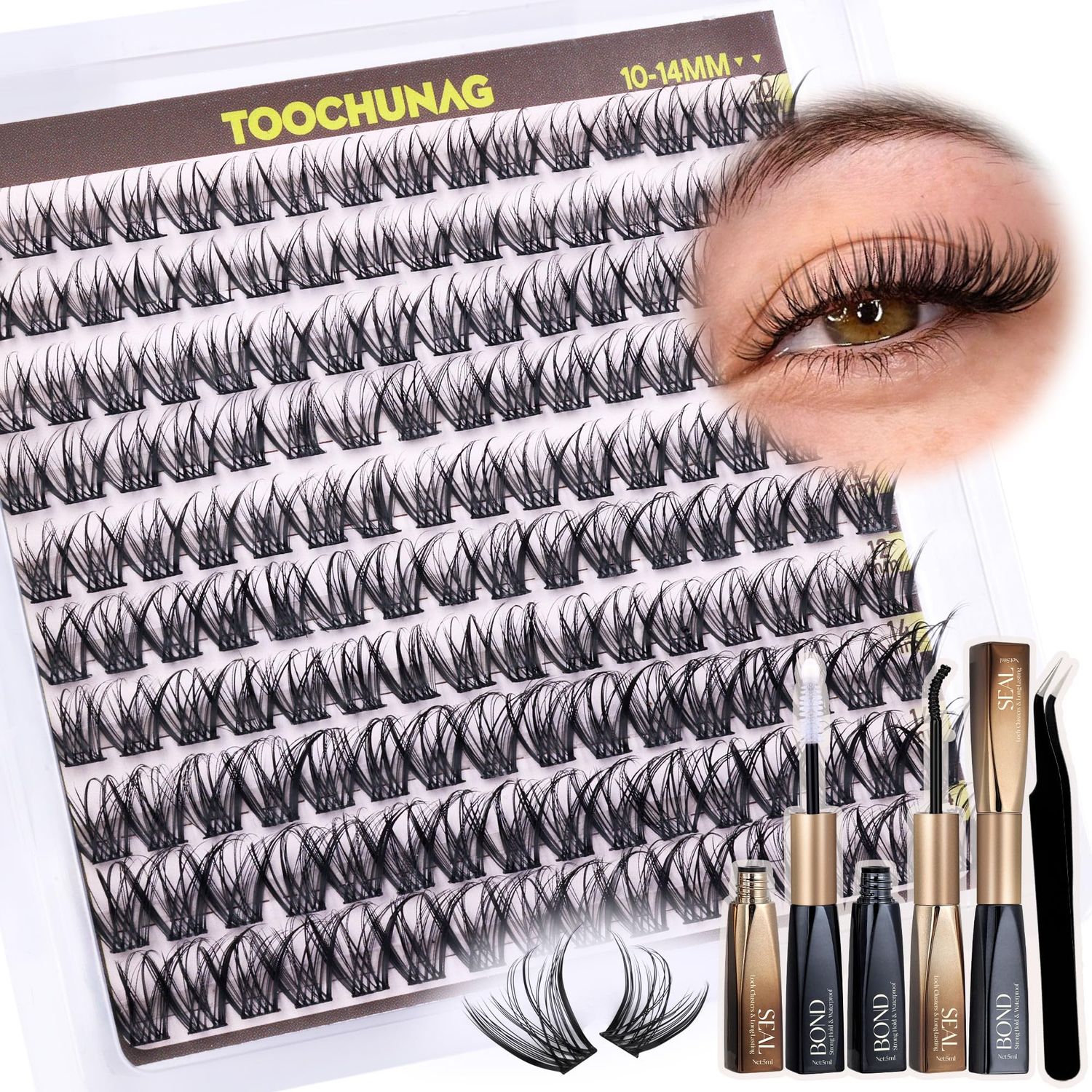 TOOCHUANG Natural Lash Clusters Kit 160pcs Wispy Lash Extension Kit 10-14mm Individual Lashes Clusters Thin Band DIY Cluster Eyelashes Extensions Kit with Waterproof Lash Bond and Seal and Tweezers
