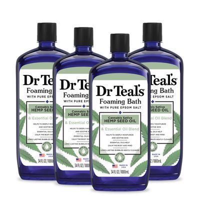 Dr Teal&#39;s Foaming Bath with Pure Epsom Salt, Cannabis Sativa Hemp Seed Oil, 34 fl oz (Pack of 4) (Packaging May Vary)