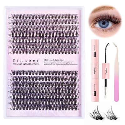 Yinaber Lash Extension Kit DIY 280pcs Lash Clusters Eyelash Extension Kit, 9-16mm Mix 30D 40D Curl Individual Lashes Kit with Lash Bond and Seal Lash Tweezers for Self(30D&amp;40D-0.07D-9-16Mix KIT)