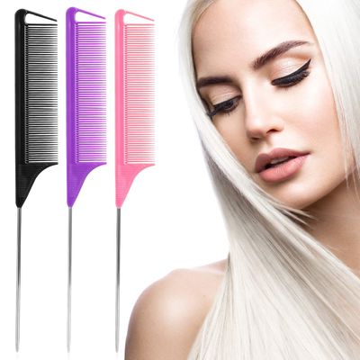 Rat Tail Combs Set 3Pcs Long Steel Pin Teasing Combs for Salon Hair Stylists, Metal Parting Combs for Women (Purple, Black, Pink)
