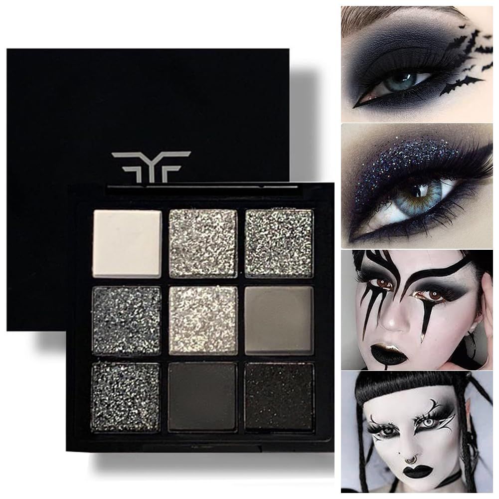 GL-Turelifes 9 Colors Matte&amp;Pearl Black Eyeshadow Palette, Smoky Eye Shadow Makeup, Silver Glitter Grey Eyeshadow with Mirror Waterproof Sweat-proof Long Lasting Eye Shadows (Black)