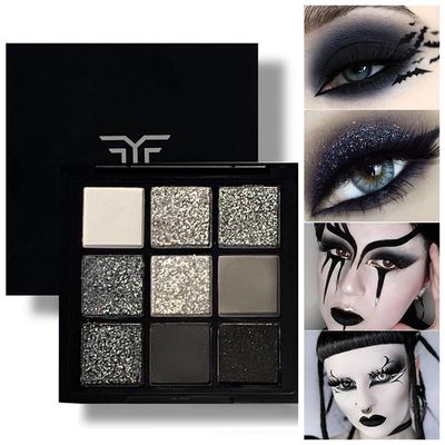 GL-Turelifes 9 Colors Matte&amp;Pearl Black Eyeshadow Palette, Smoky Eye Shadow Makeup, Silver Glitter Grey Eyeshadow with Mirror Waterproof Sweat-proof Long Lasting Eye Shadows (Black)