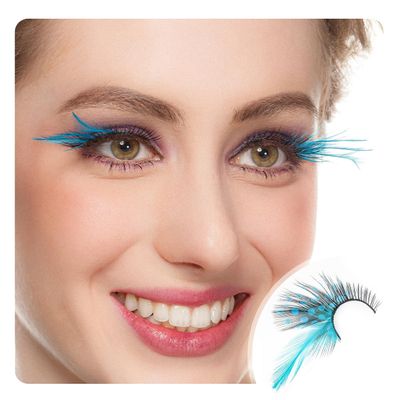 Dorisue Blue Eyelashes Sexy Blue Point Peacock Prints light blue Halloween cat eye design EDC eyelashes costume with feather Drama lashes 1 pair P12