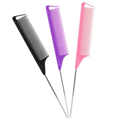 Rat Tail Combs Set 3Pcs Long Steel Pin Teasing Combs for Salon Hair Stylists, Metal Parting Combs for Women (Purple, Black, Pink)
