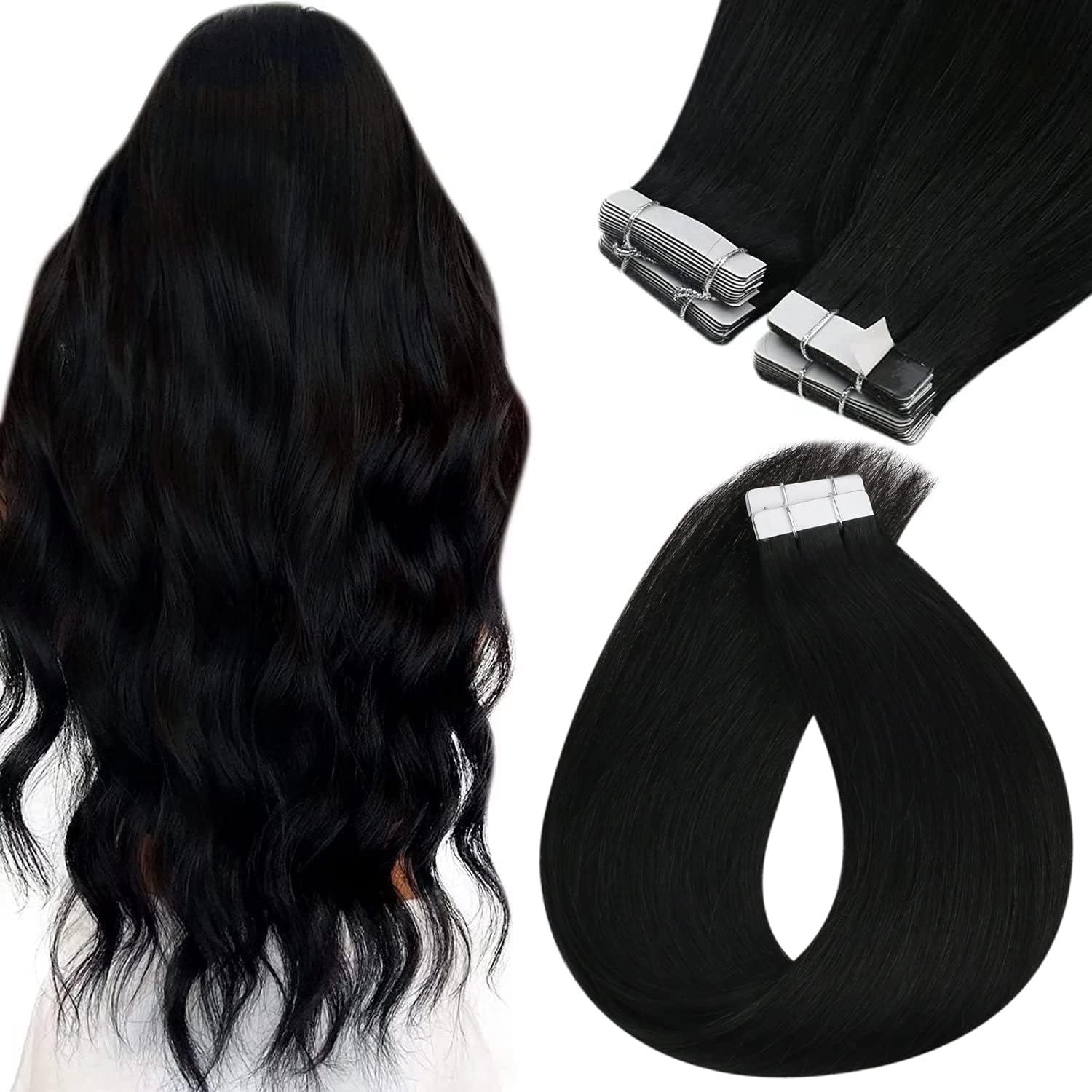 Sunny Hair Tape in Hair Extensions Human Hair Black 22 Inch Hair Extensions Real Human Hair Tape in Extensions Invisible Tape in Human Hair Extensions Seamless Hair Extensions Jet Black 50g 20pcs
